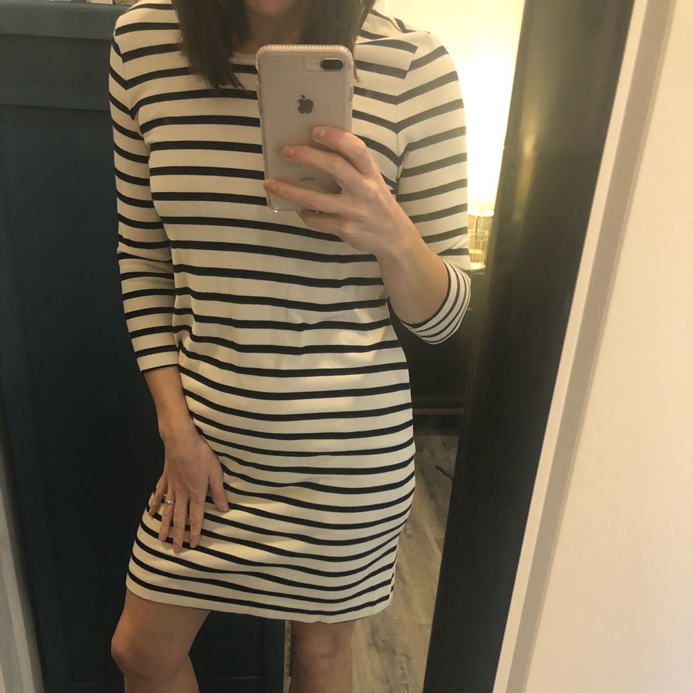 Blue & black-striped cream stretch cotton dress